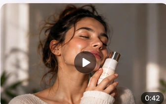 Sample skincare video, woman holding a serum bottle